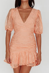 Cherry Blossom Puff Sleeve Wide Ruffle Hem Dress Orange