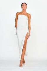 Affections Drawstring Ruched Split Maxi Dress White