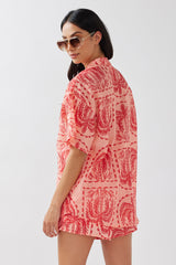 Cora Elastic Waist Shorts Print Red Salmon