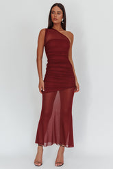 Verity One-Shoulder Sheer Maxi Dress Wine