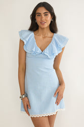 Unpredictable Layered Ruffle Neckline Mini Dress Blue