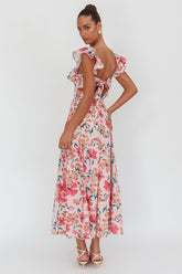 Palms Ruffle Sleeve Tied Back Maxi Dress Floral Pink
