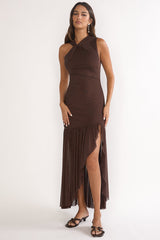 On Air Twist Neck Split Maxi Dress Chocolate