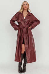 Lyora Longline Faux Leather Trench Coat Burgundy