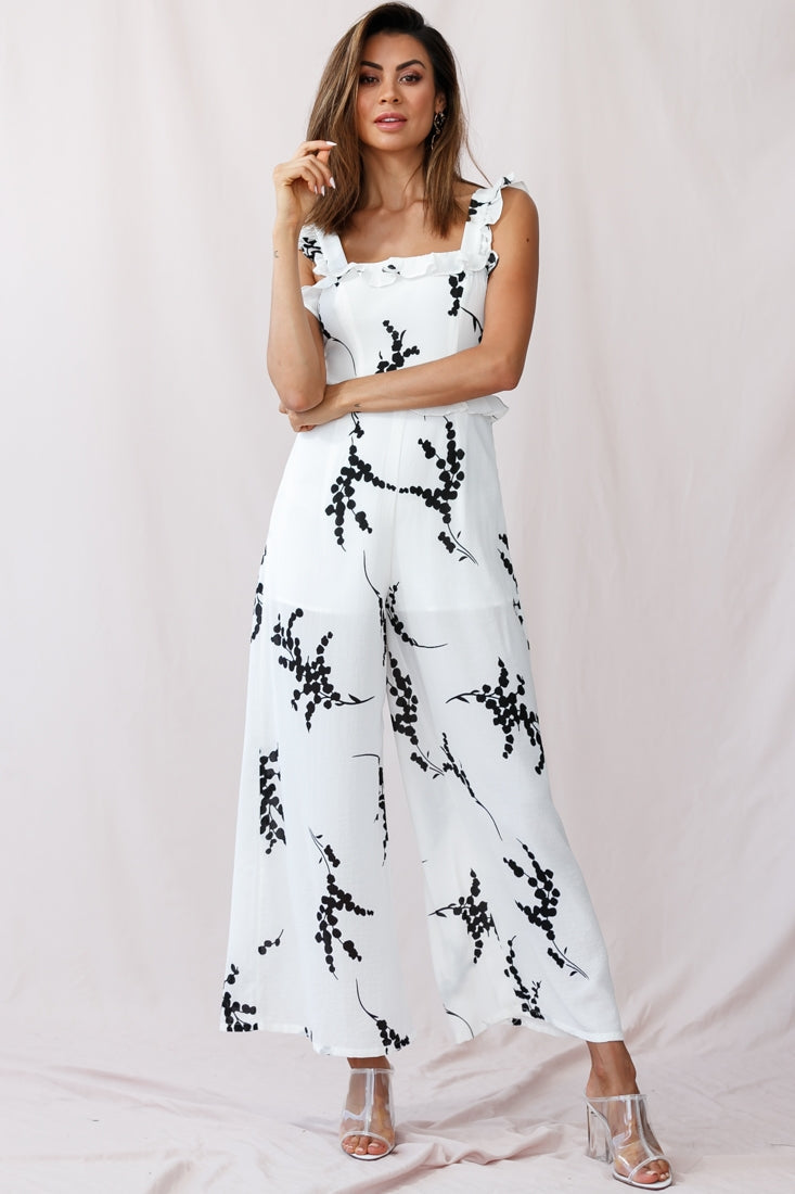 Azure Frill Strap Wide Leg Jumpsuit Floral Print White