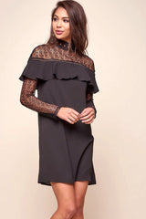 Mendes Lace Detailed High Neck Long Sleeved Dress Black