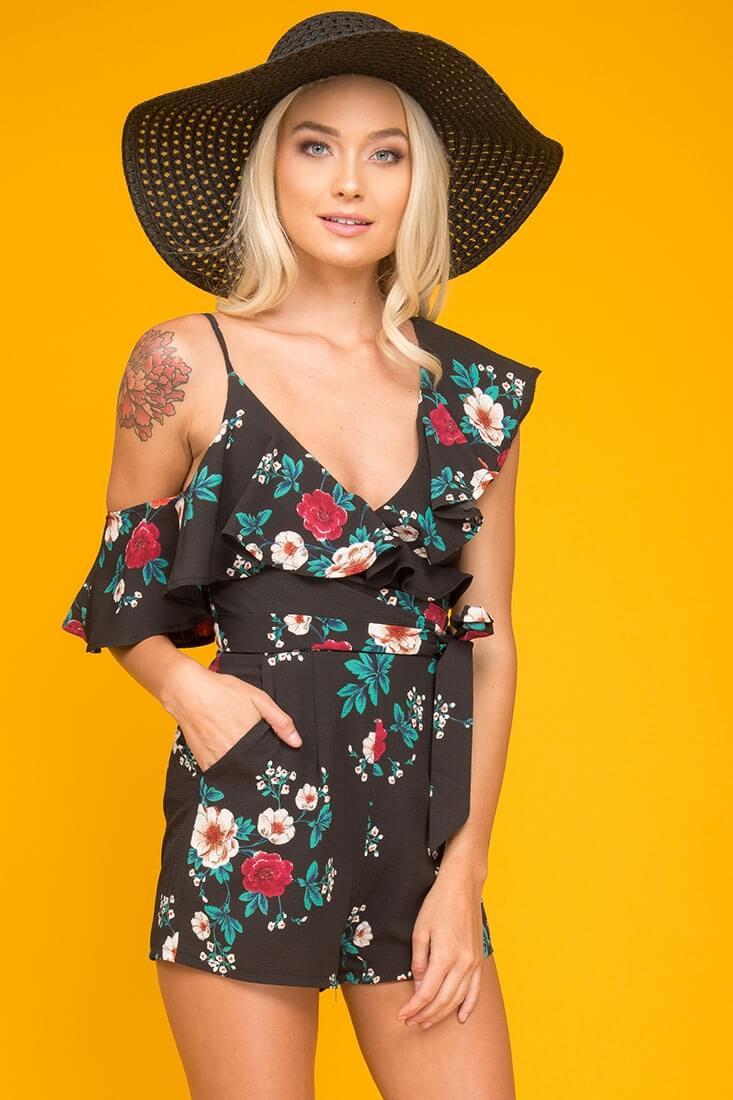 Sadie Floral Ruffled Collar Romper Black Print