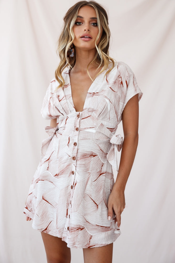 Dara Wooden Button Placket Dress Geometric Print Rose