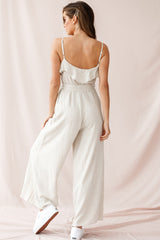 Mason Ruffle Neckline Wooden Buckle Belt Jumpsuit Natural