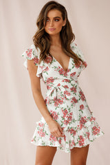 Love Letter Ruffle Sleeve Waist Tie Dress Floral Print White