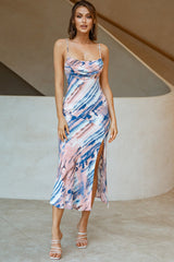 Well Versed Pleated Bust Front Split Dress Blue Multi