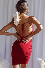 Hola, Chica! Ruched Mesh Open Back Mini Dress Plum