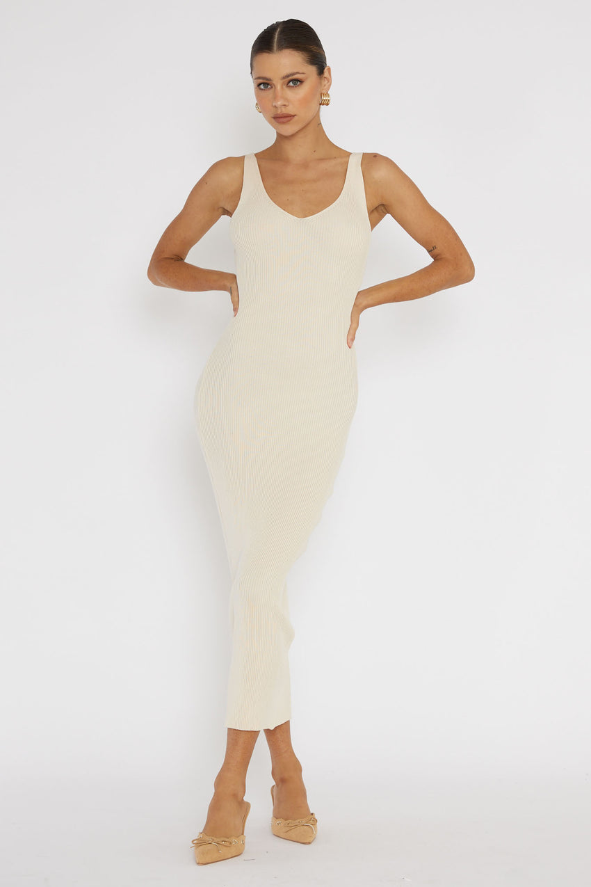 Linzi Lace-Up Back Knit Midi Dress Cream