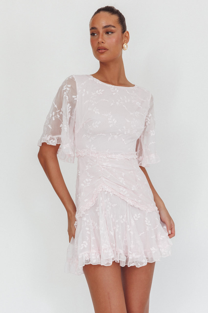 Leona Half Sleeve Frill Trim Dress Embroidered Blush