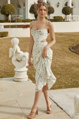 Sunday Bliss Tie-Up Back Cowl Neck Midi Dress Floral Print Green