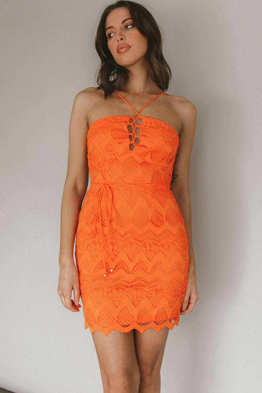 St Kilda Embroidered Lace Strappy Dress Coral