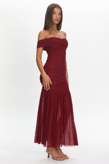La Salle Off Shoulder Mesh Maxi Dress Wine