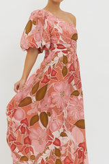 Jayni Puffed One Shoulder Midi Dress Red