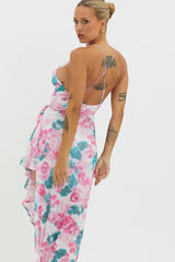 Check Mate Frill Trim Cut-Out Split Dress Floral Pink