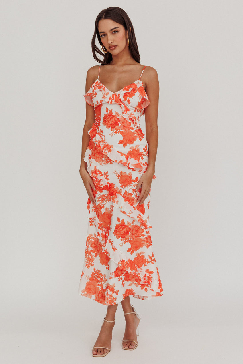 Silvana Frill Trim Maxi Dress Floral Orange