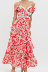Seina Off-Shoulder Crochet Trim Dress Print Red