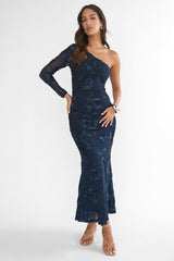 Deanna One-Shoulder Sleeve Maxi Dress Embellished Navy