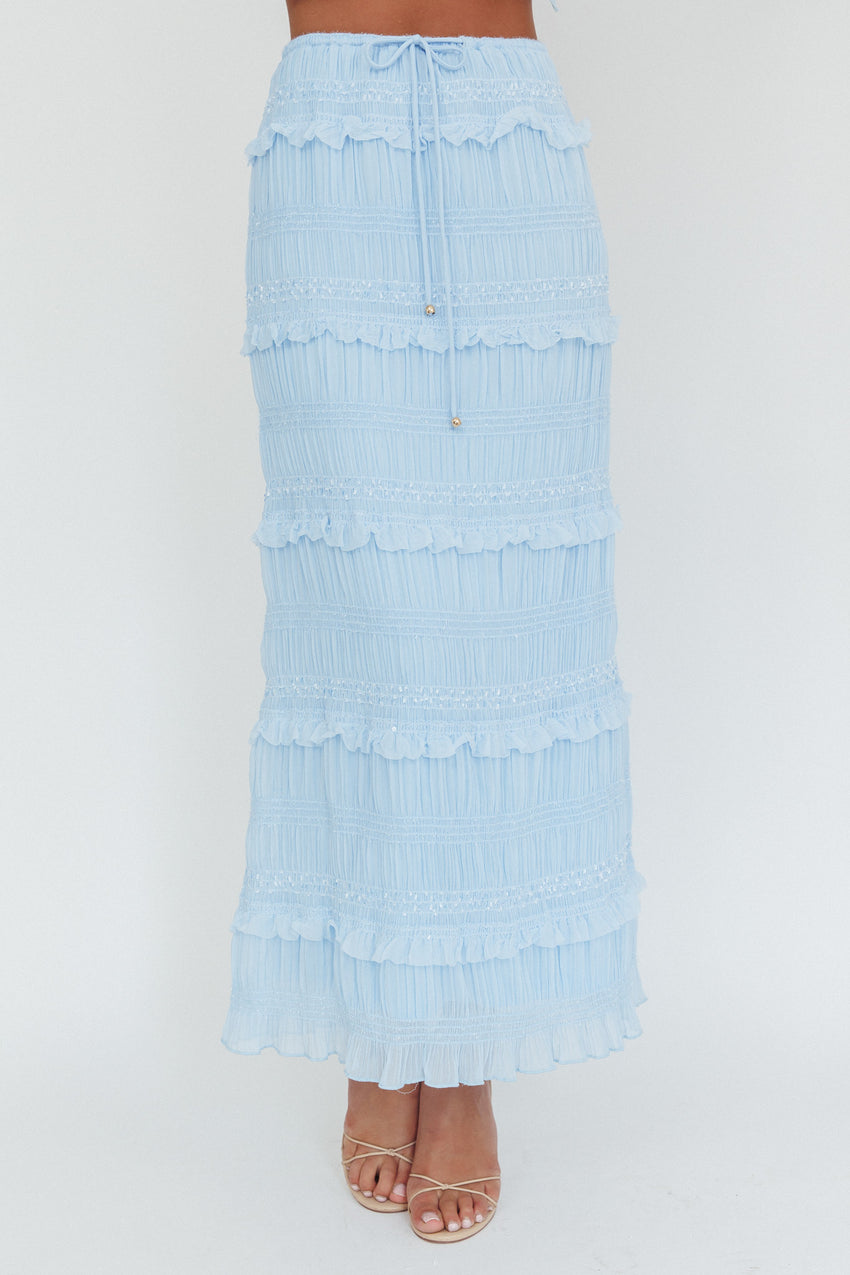 Helios Shirred Sequin Maxi Skirt Blue