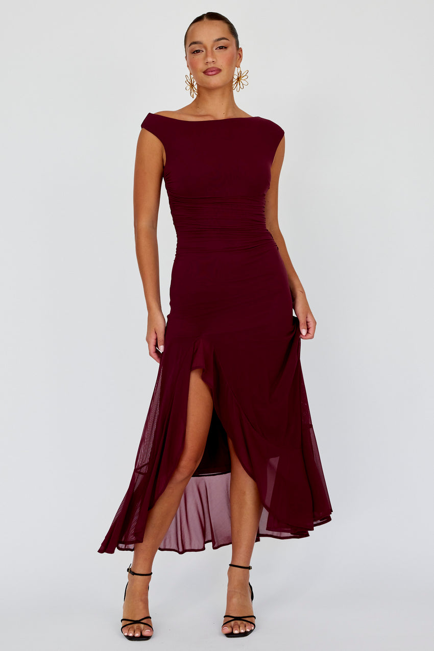 Moonlit Magic Asymmetric Neckline Maxi Dress Wine