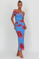 Gala One-Shoulder Maxi Dress Floral Blue