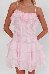 Sweetest Things Frill Trim Rosette Mini Dress Pink