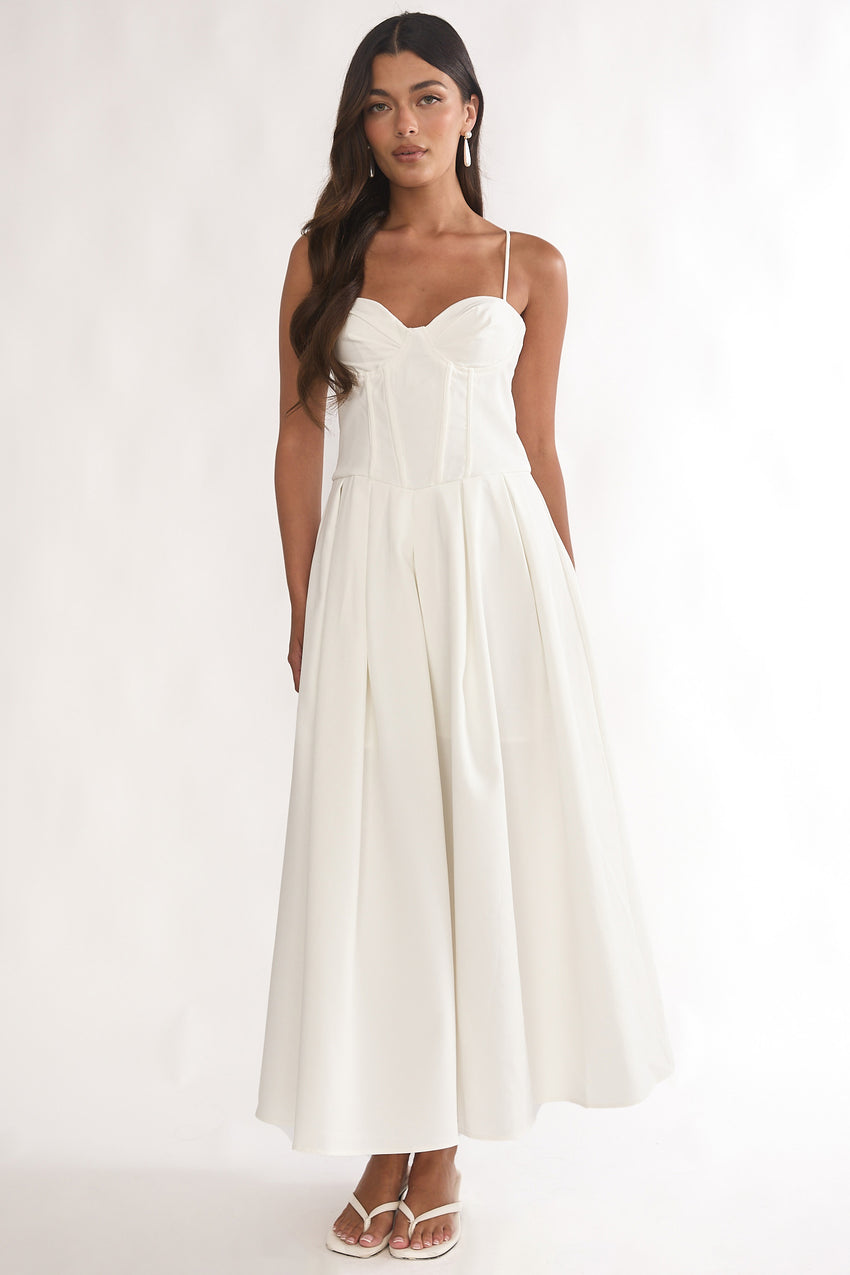 Kearsy Box Pleat Sweetheart Neckline Midi Dress White
