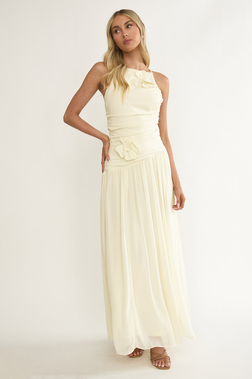 Brighten Drop Waist Flower Accent Maxi Dress Butter