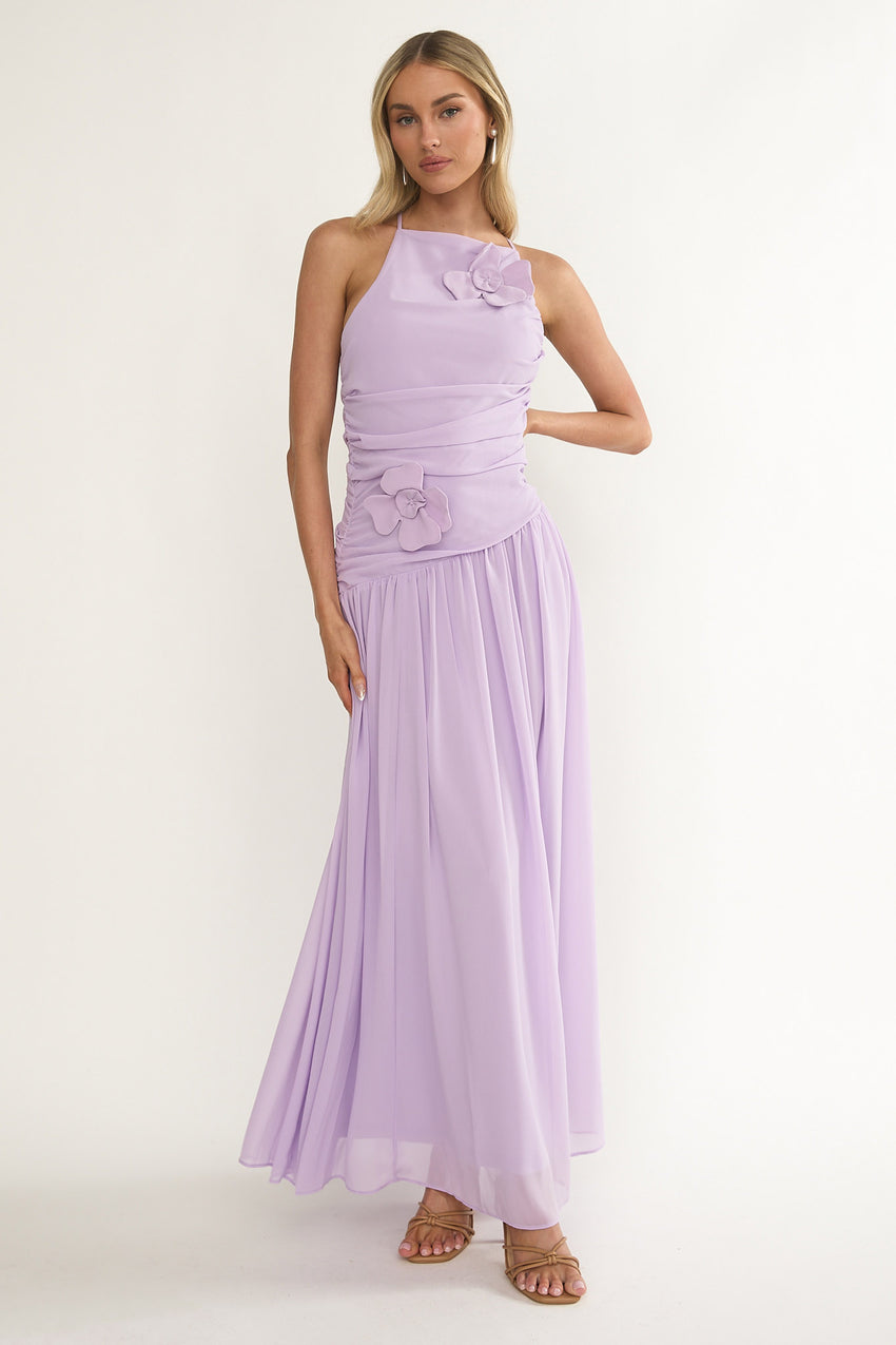 Brighten Drop Waist Flower Accent Maxi Dress Lilac