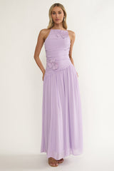 Brighten Drop Waist Flower Accent Maxi Dress Lilac