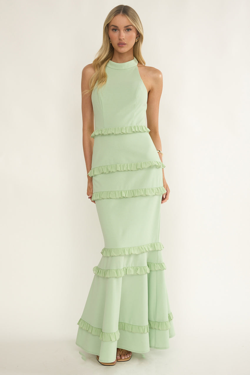 Haze Frill Trim Halterneck Maxi Dress Sage