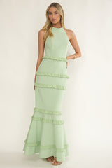 Haze Frill Trim Halterneck Maxi Dress Sage