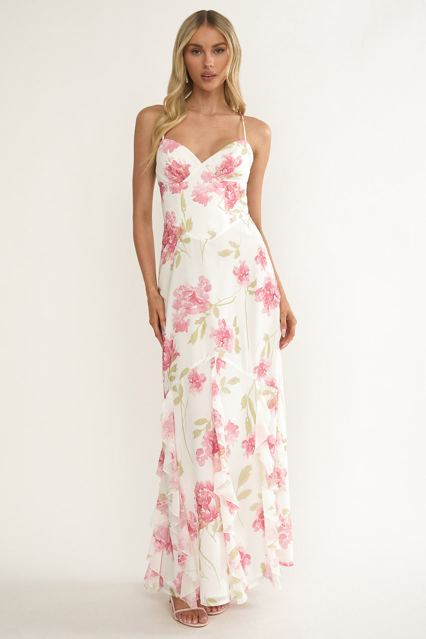 Charlisa Strappy Back Ruffle Maxi Dress Flowers White