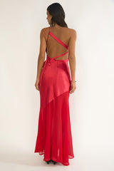 Mireya One-Shoulder Sheer Hem Maxi Dress Red