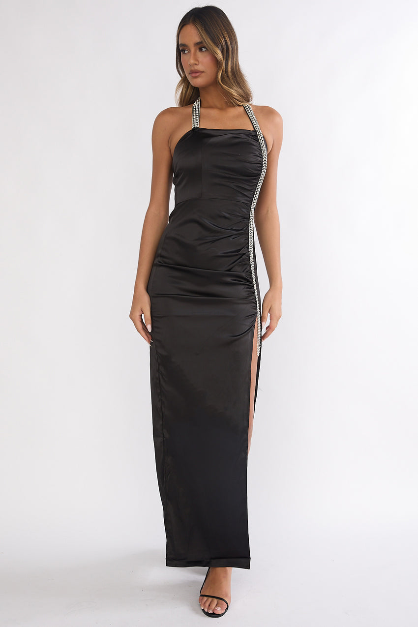 Glitterati Halter Diamante Maxi Dress Black