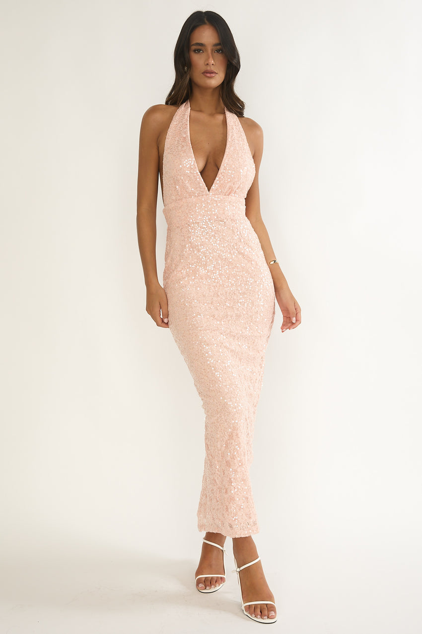 Cipriana Backless Halter Maxi Dress Sequin Pink