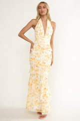Cipriana Frill Trim Halter Maxi Dress Floral Yellow