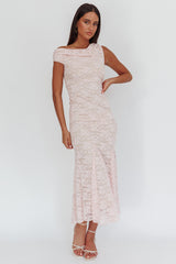 Diana Asymmetric Shoulder Godet Maxi Dress Lace Pink