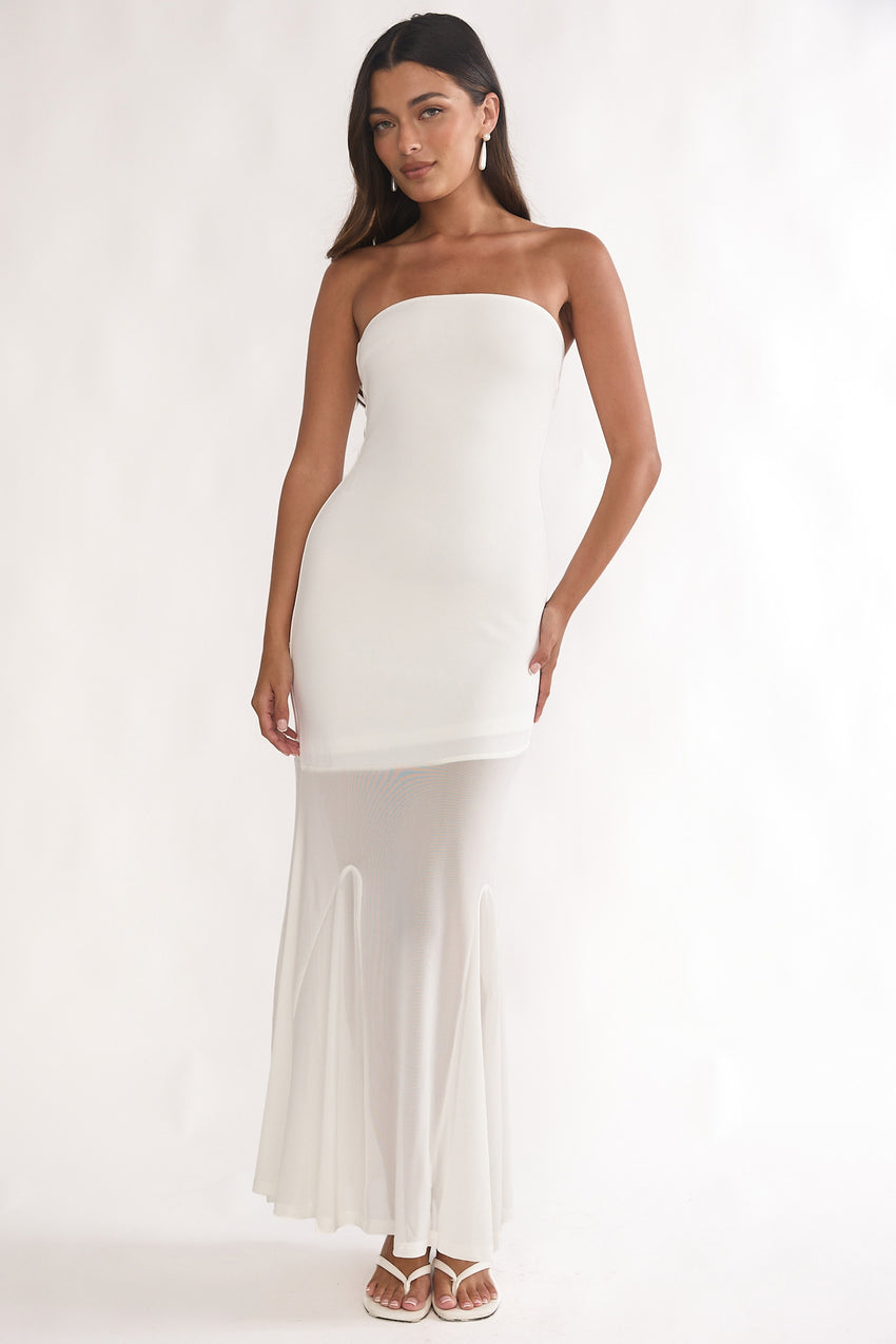 Calluna Strapless Sheer Godet Hem Maxi Dress White