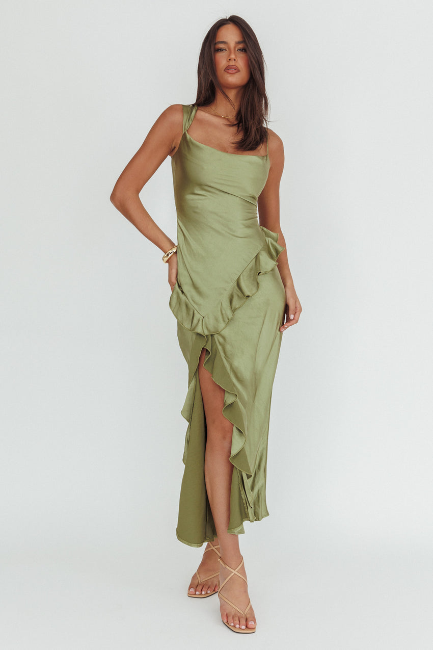 Sunshine Eternity Asymmetric Neckline Ruffle Maxi Dress Olive