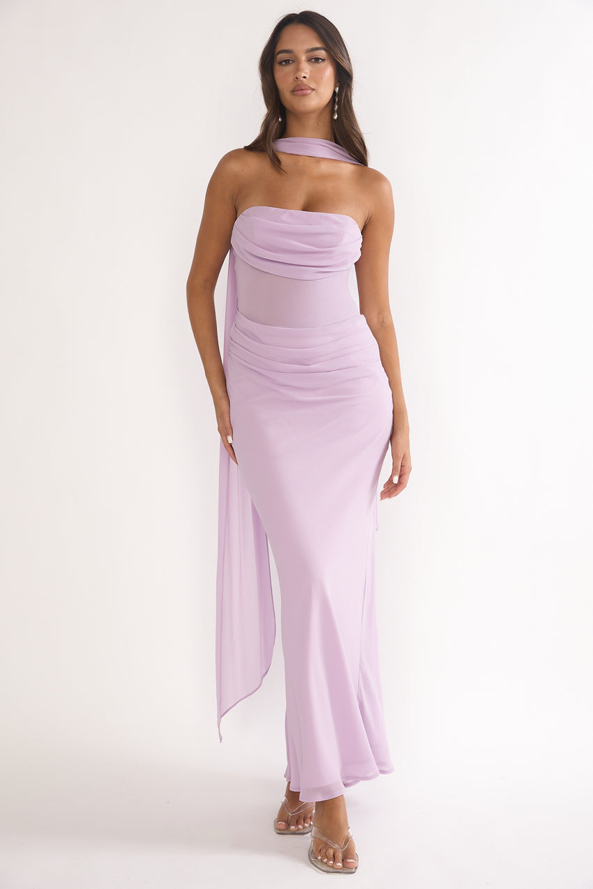 Unforgettable Day Drape Waist Strapless Maxi Dress Lilac