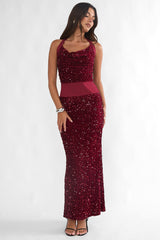 Cabernet Halter Maxi Dress Sequin Wine