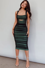 Move Maker Cut-Out Ruched Midi Dress Green/Black