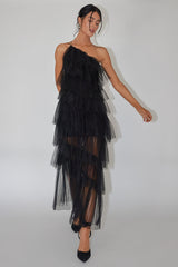 Arrabel Tiered Ruffle Tulle Maxi Dress Black