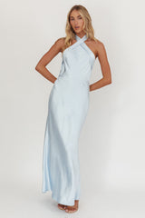 Italia Azure Crossover Halterneck Maxi Dress Ice Blue