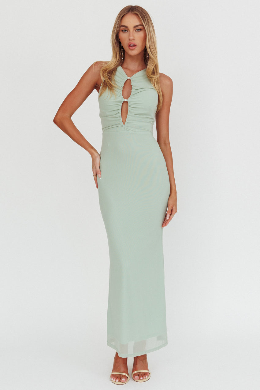 Piece Of Heaven Sleeveless Keyhole Mesh Maxi Dress Sage